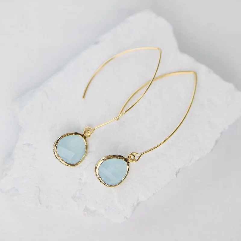 Gold Plated Long Alice Blue Crystal Drop Earrings