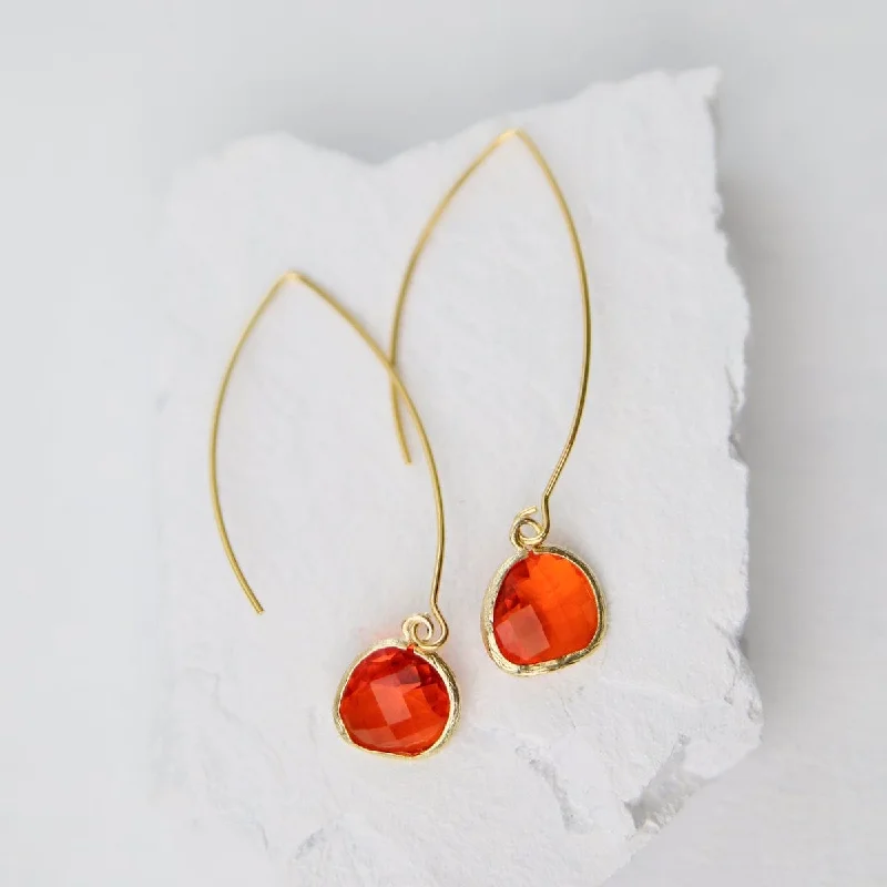 Gold Plated Long  Carnelian Crystal Drop Earrings