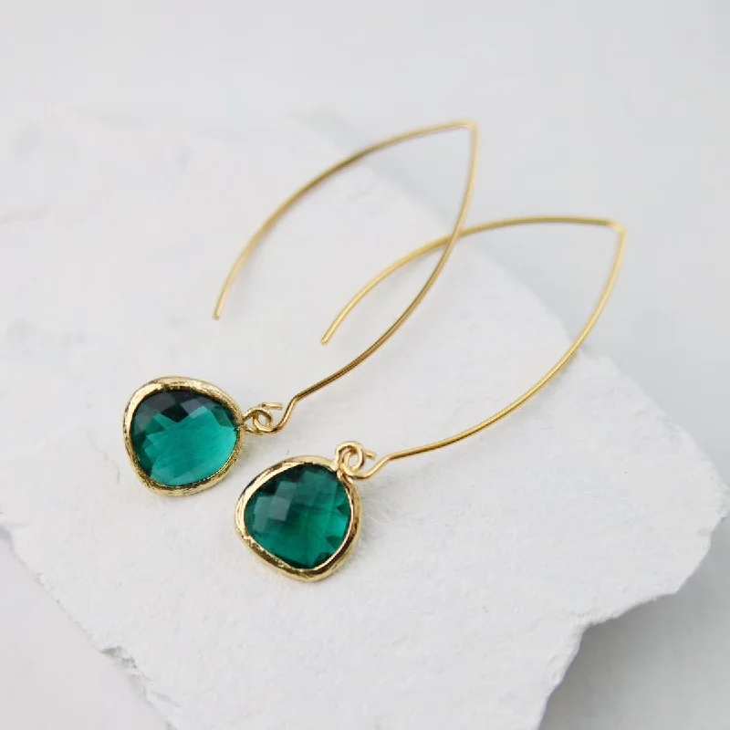 Gold Plated Long Crystal Drops - Emerald