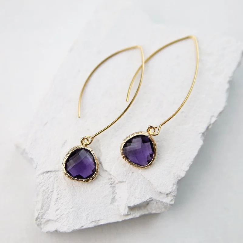 Gold Plated Long Plum Crystal Drop Earrings