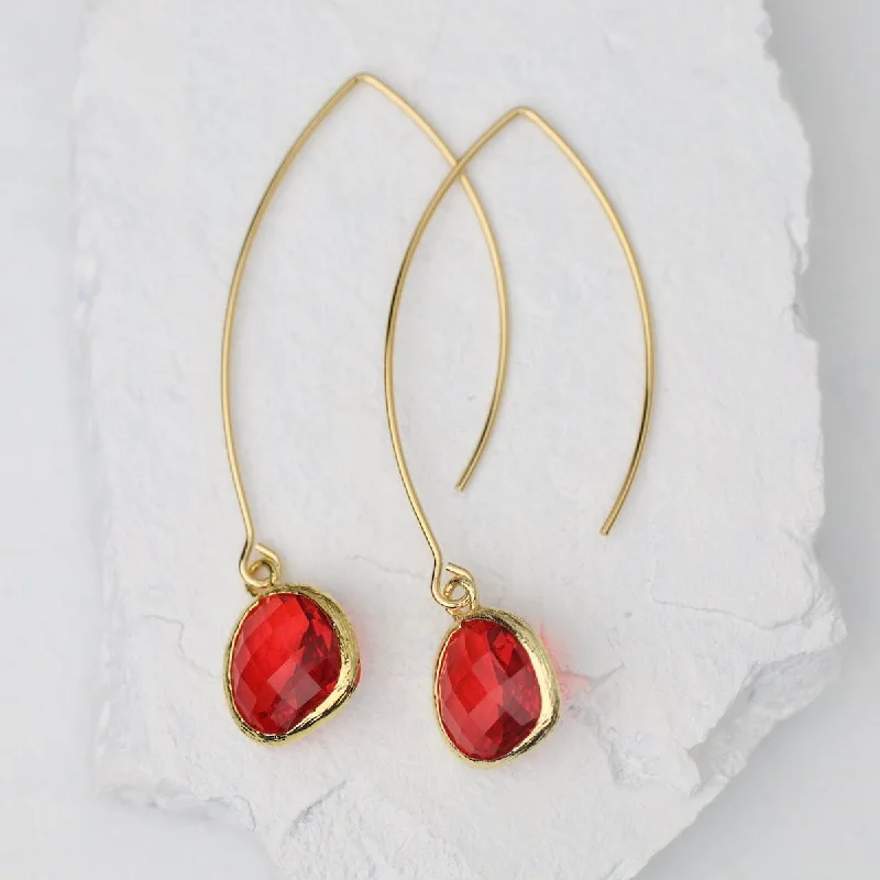 Gold Plated Long Red Crystal Drop Earrings