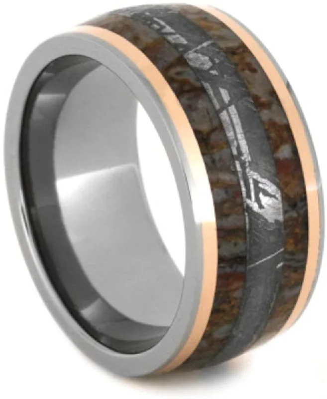 Gibeon Meteorite, Dinosaur Bone, 14k Rose Gold 10mm Comfort-Fit Titanium Wedding Band, Size 4