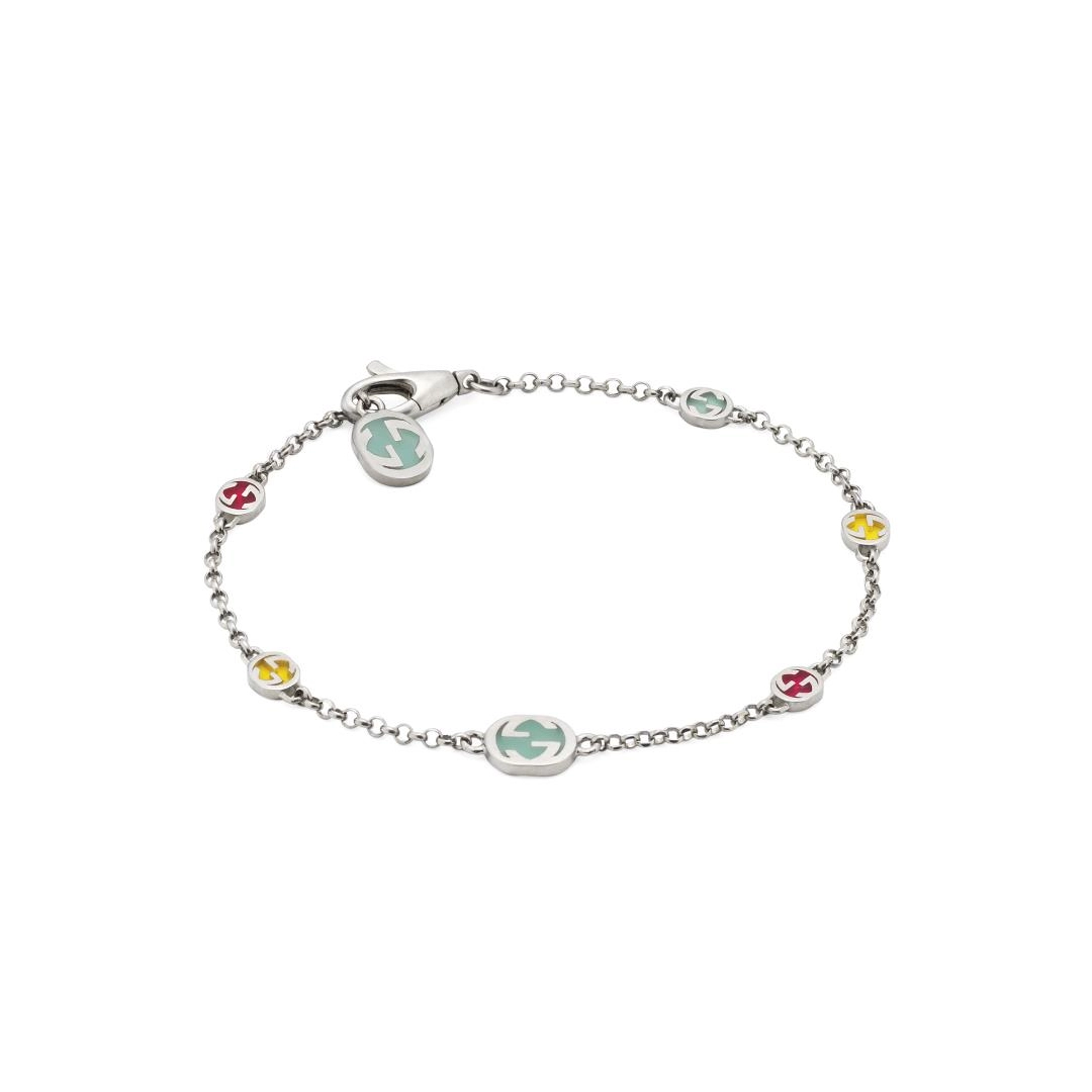 Gucci Sterling Silver Interlocking G Bracelet with Multi-Color Enamel