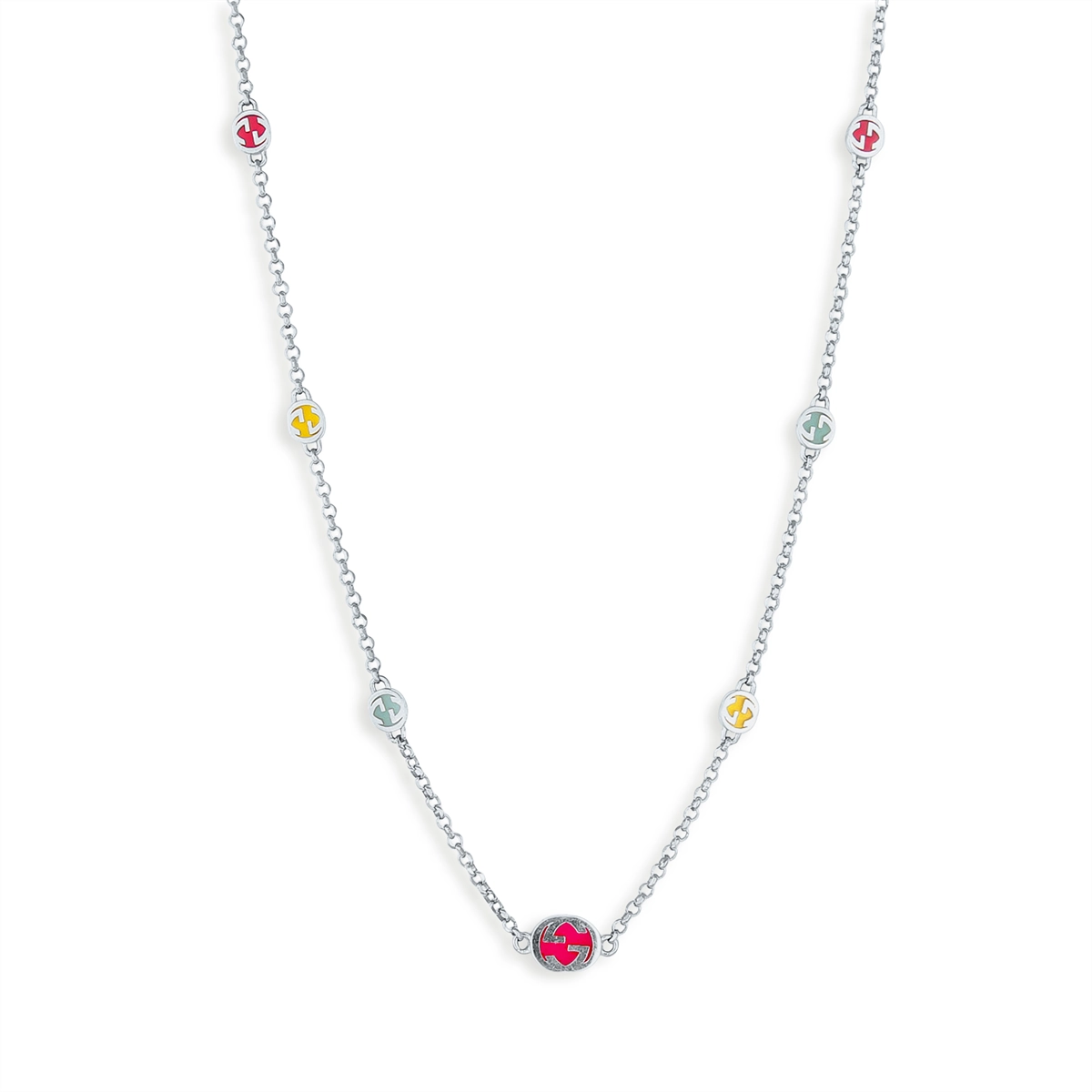 Gucci Sterling Silver Interlocking G Necklace with Multi-Color Enamel, 17.5 inch