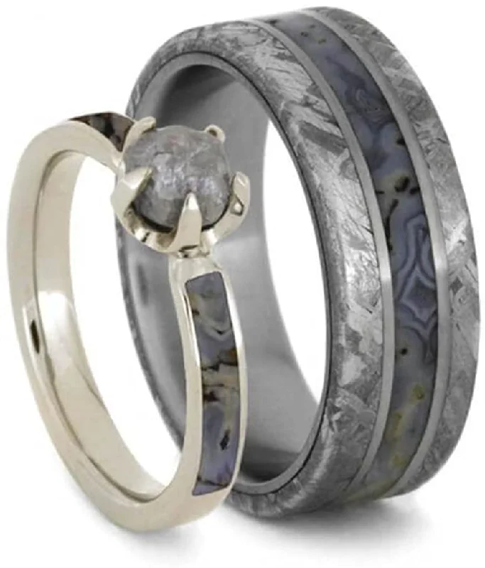 His and Hers Gibeon Meteorite, Dino Bone 7mm Comfort-Fit Titanium Band and 10k White Gold Rough Diamond, Dinosaur Bone Ring Size, M9-F9.5