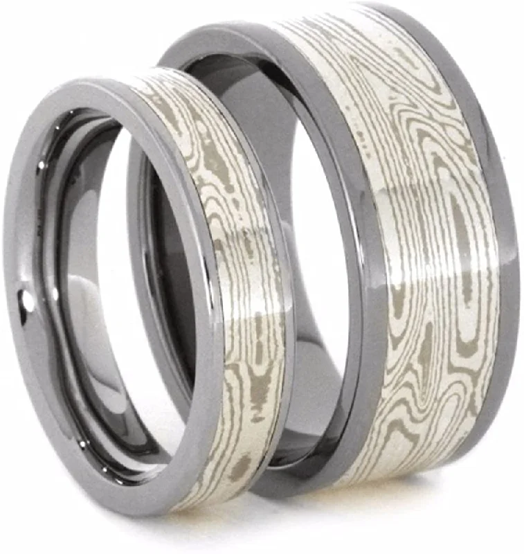 His and Hers Wedding Set, Palladium, White Gold, Mokume Gane Titanium Wedding Bands, M14-F4.5