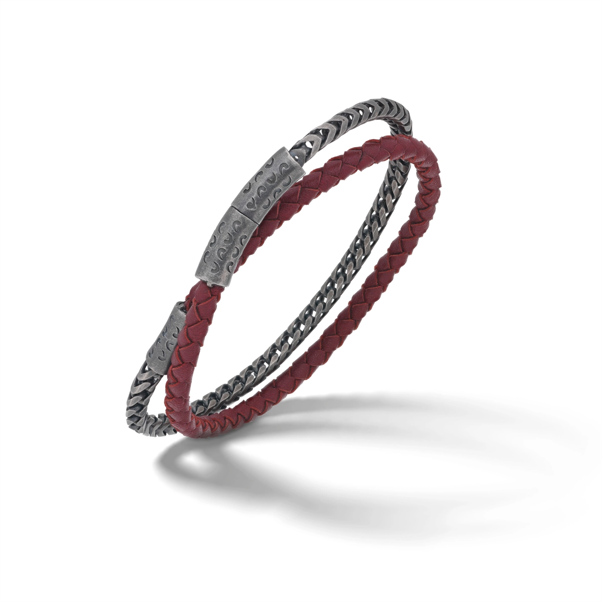 Marco Dal Maso Lash Double Wrap Metal-Leather Woven Bracelet Oxidized Silver Red Woven Leather