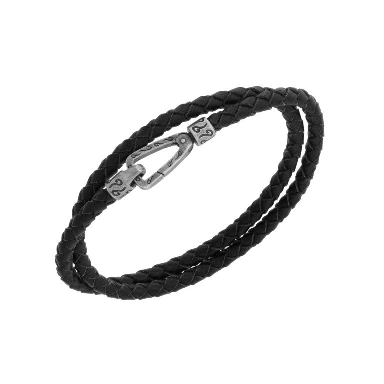 Marco Dal Maso Lash Double Wrap Oxidized Silver and Black Woven Leather Bracelet