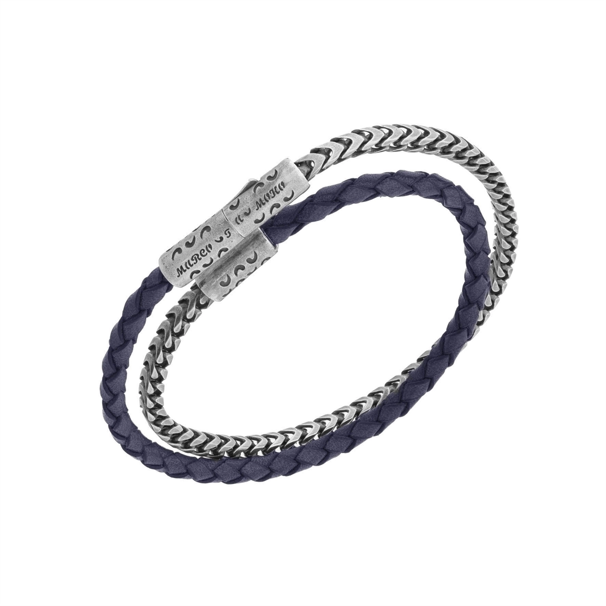 Marco Dal Maso Lash Double Wrap Recycled Oxidized Sterling Silver and Woven Blue Leather Bracelet