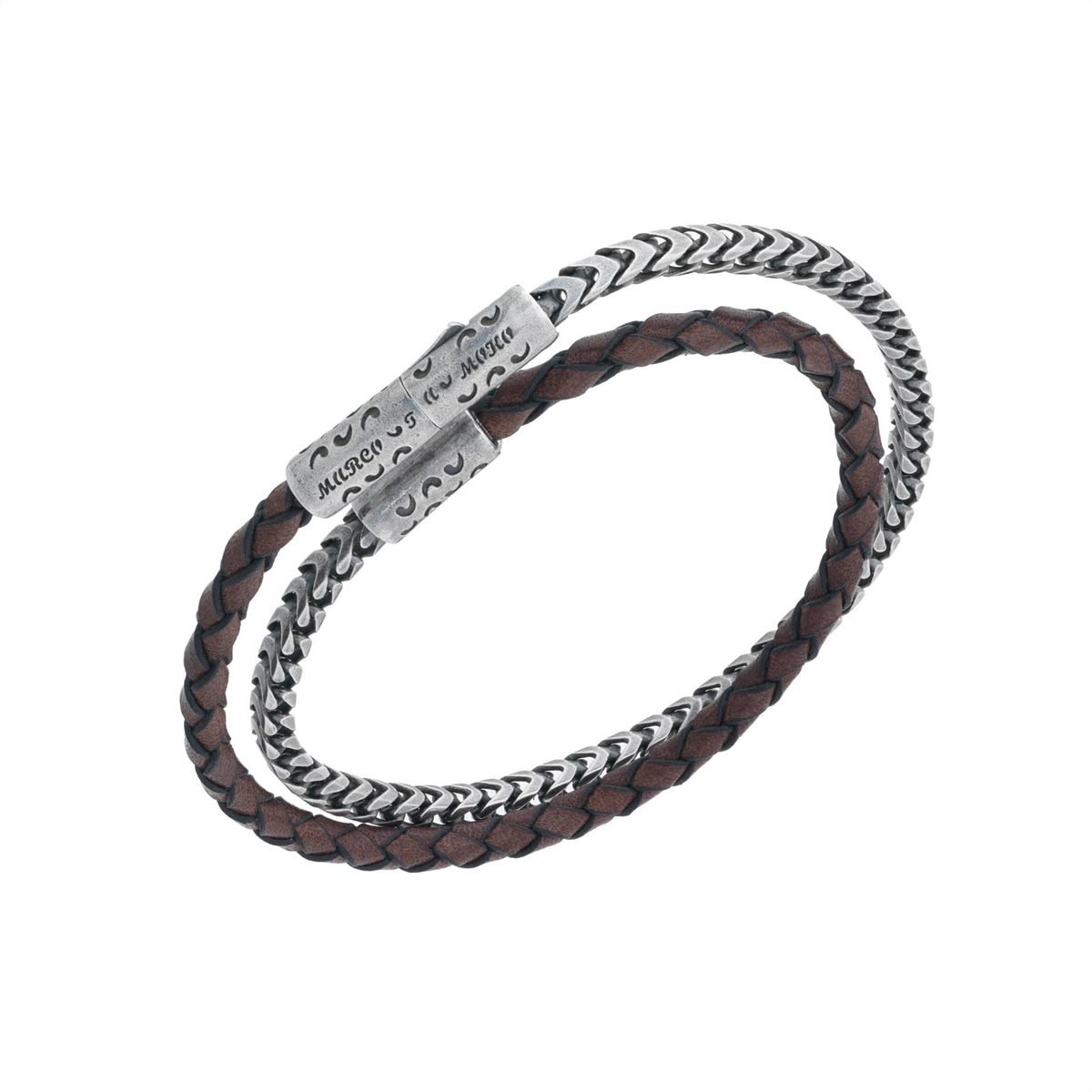 Marco Dal Maso Lash Double Wrap Recycled Oxidized Sterling Silver and Woven Brown Leather Bracelet