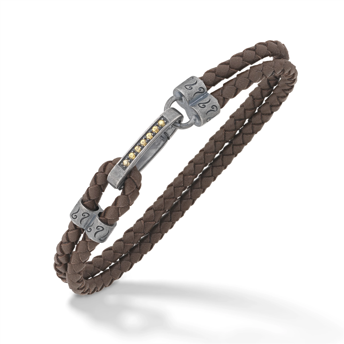 Marco Dal Maso Lash Parallel Recycled Oxidized Sterling Silver and Woven Brown Leather Bracelet with Yellow Sapphires