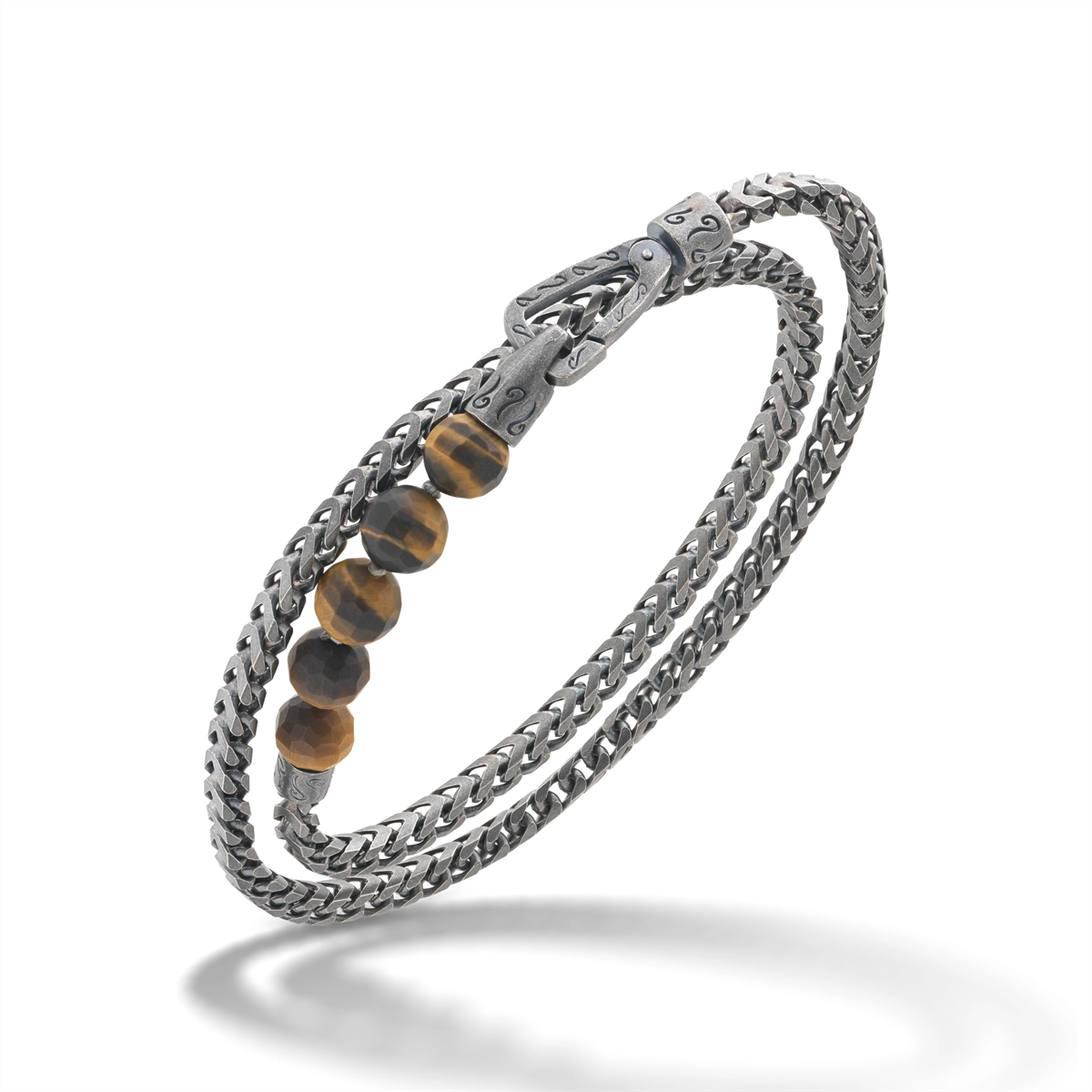 Marco Dal Maso Ulysses Double Wrap Recycled Oxidized Sterling Silver and Tiger Eye Bead Bracelet