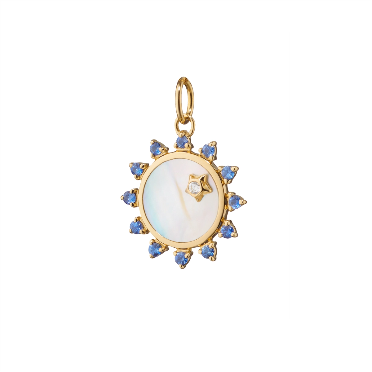 Monica Rich Kosann 18K Yellow Gold Mother of Pearl Sun Charm with Diamond and Blue Sapphires