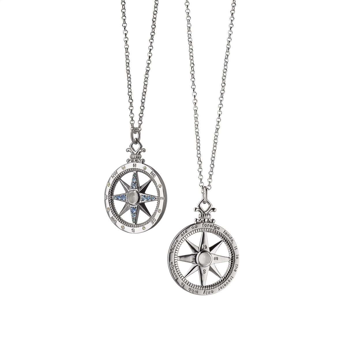 Monica Rich Kosann Sterling Silver Global Compass Charm Necklace with Moonstone Cabochon and Blue and White Sapphires