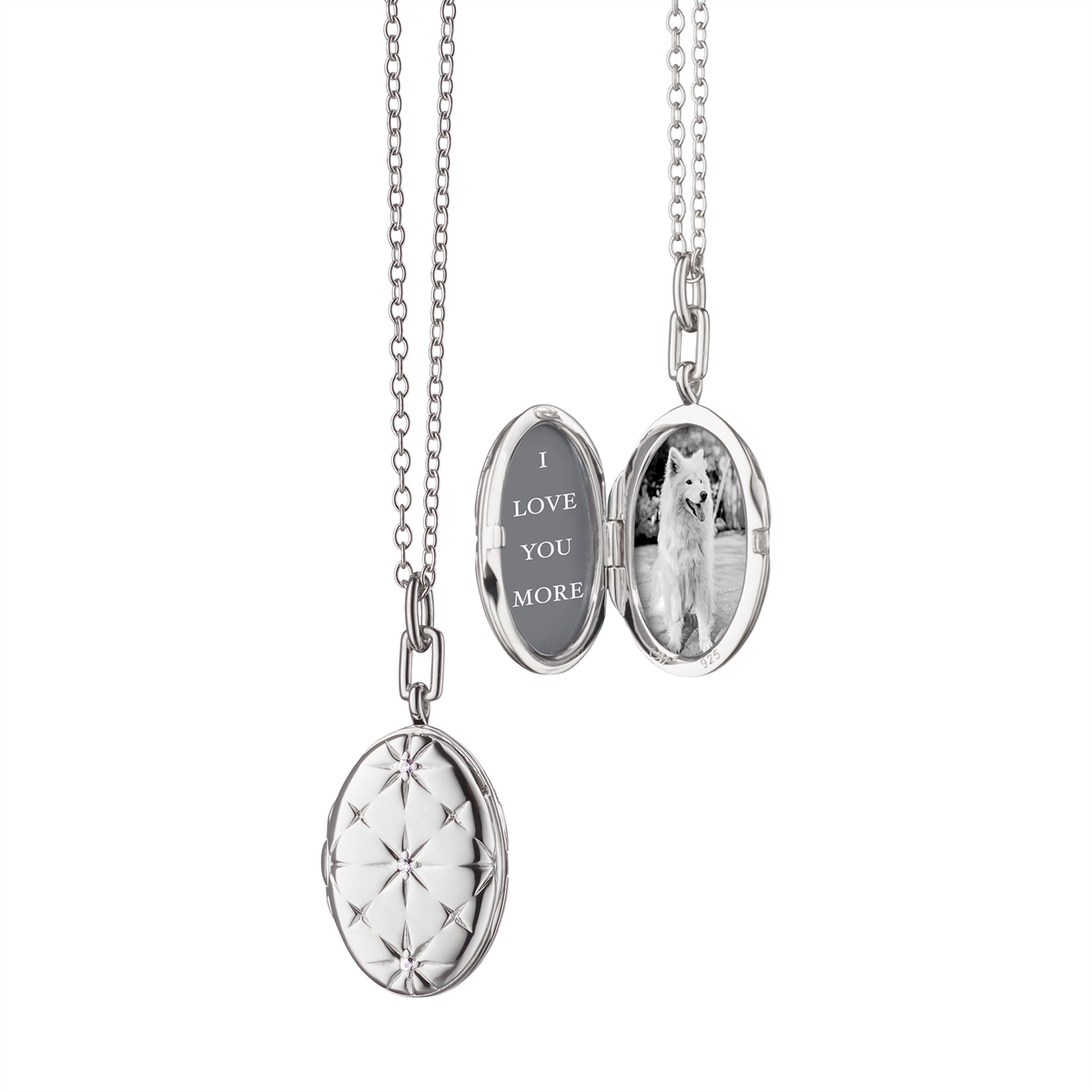 Monica Rich Kosann Sterling Silver Oval Locket Necklace with Mosaic Star Design and White Sapphires