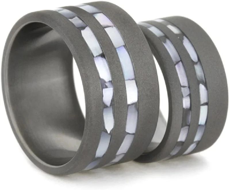 Mother of Pearl Inlay, Sandblasted Comfort-Fit Titanium His and Hers Wedding Band Set, M13-F9