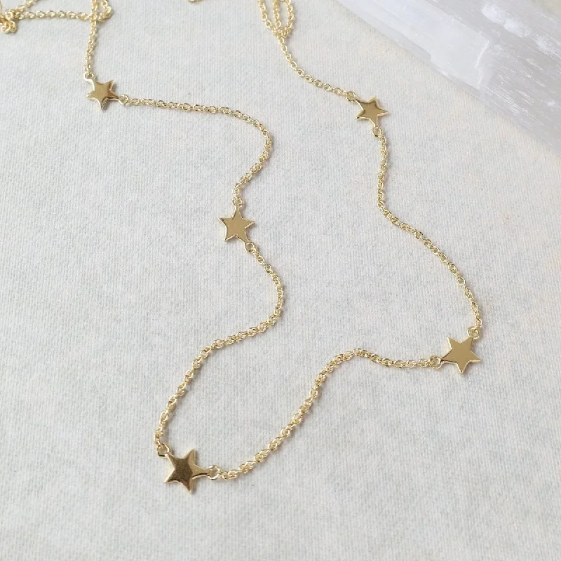 Polished Gold Vermeil Short Star Station Necklace