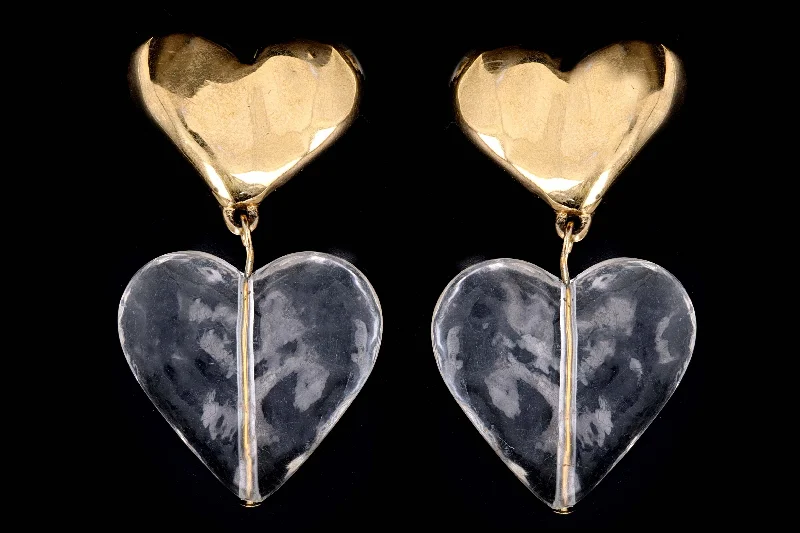 Vintage Givenchy Double Heart Gold Tone Lucite Clip- On Earrings