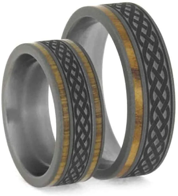 Oak and Olive Wood, Celtic Knot Engraving Comfort-Fit Sandblasted Titanium Couples Wedding Band Set Size, M15.5-F6.5