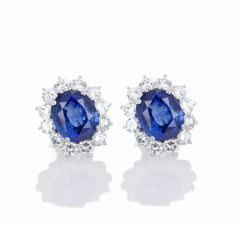 Platinum 15.07 Carat Oval Natural Sapphire Diamond Halo Clip-On Earrings