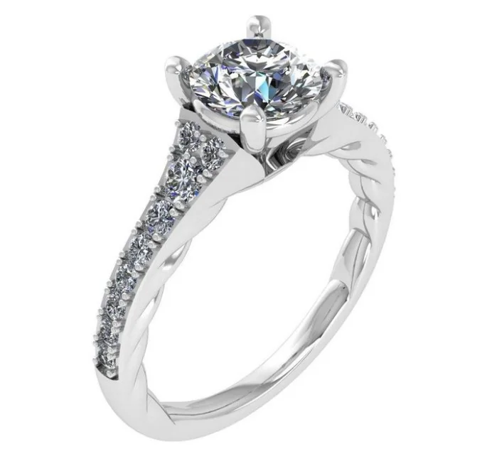 Round Center Side Stone Diamond Engagement Ring Setting in 14K White Gold (.38ctw)