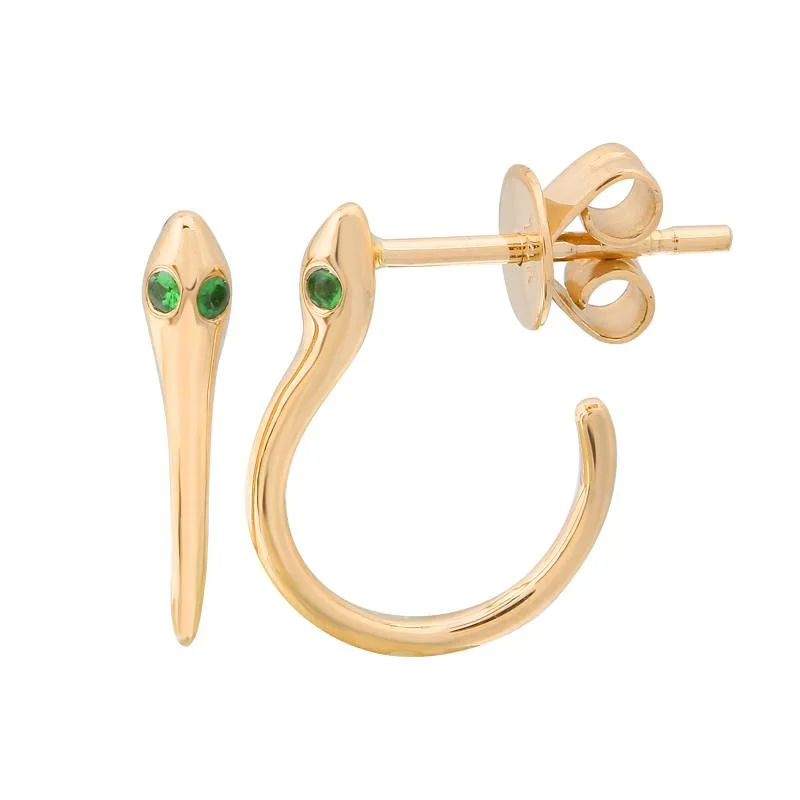 14K Yellow Gold Tsavorite Garnet Snake Hoop Earrings