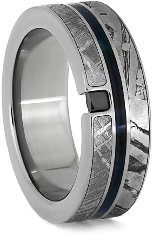 The Men's Jewelry Store (Unisex Jewelry) Black Diamond, Seymchan Meteorite, Blue Box Elder Wood, Gibeon Meteorite 8.5mm Titanium Comfort-Fit Wedding Band, Size 6.25