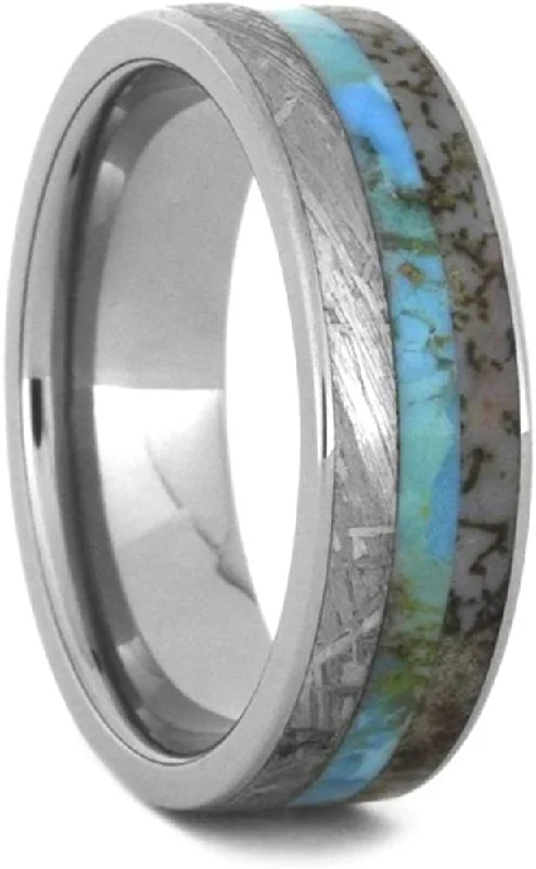 Turquoise, Dinosaur Bone, Gibeon Meteorite 7mm Titanium Comfort-Fit Wedding Band, Size 13.25