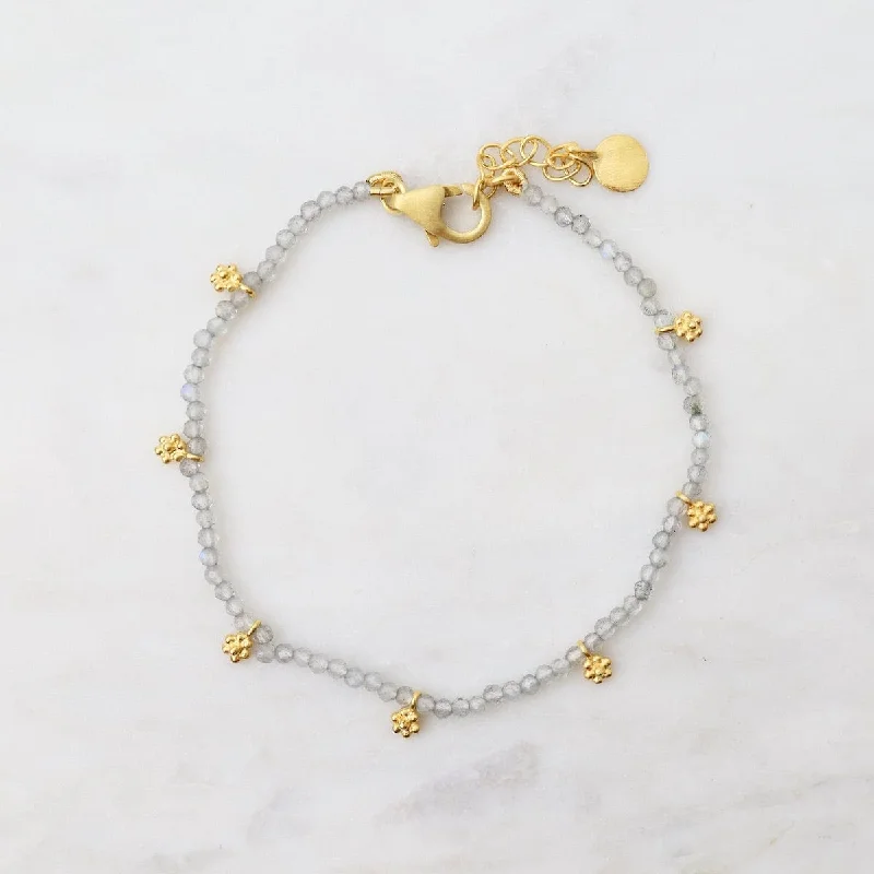 Labradorite Beads with Gold Flower Charms Bracelet