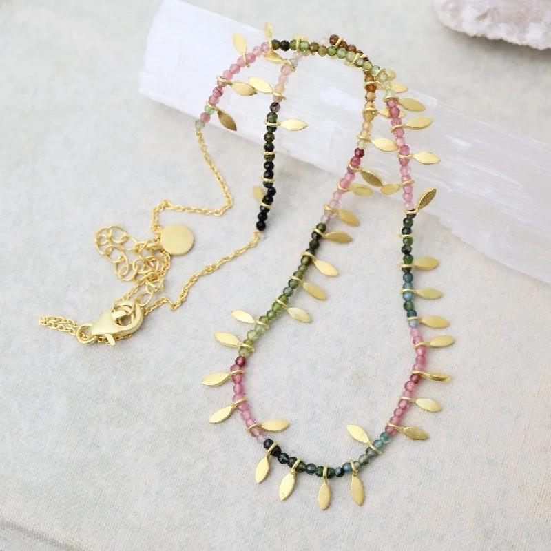 Multi Tourmaline & Gold Leaves Necklace