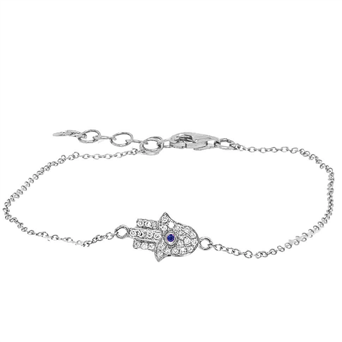 14K White Gold Bracelet with Diamond Hamsa & Blue Sapphire