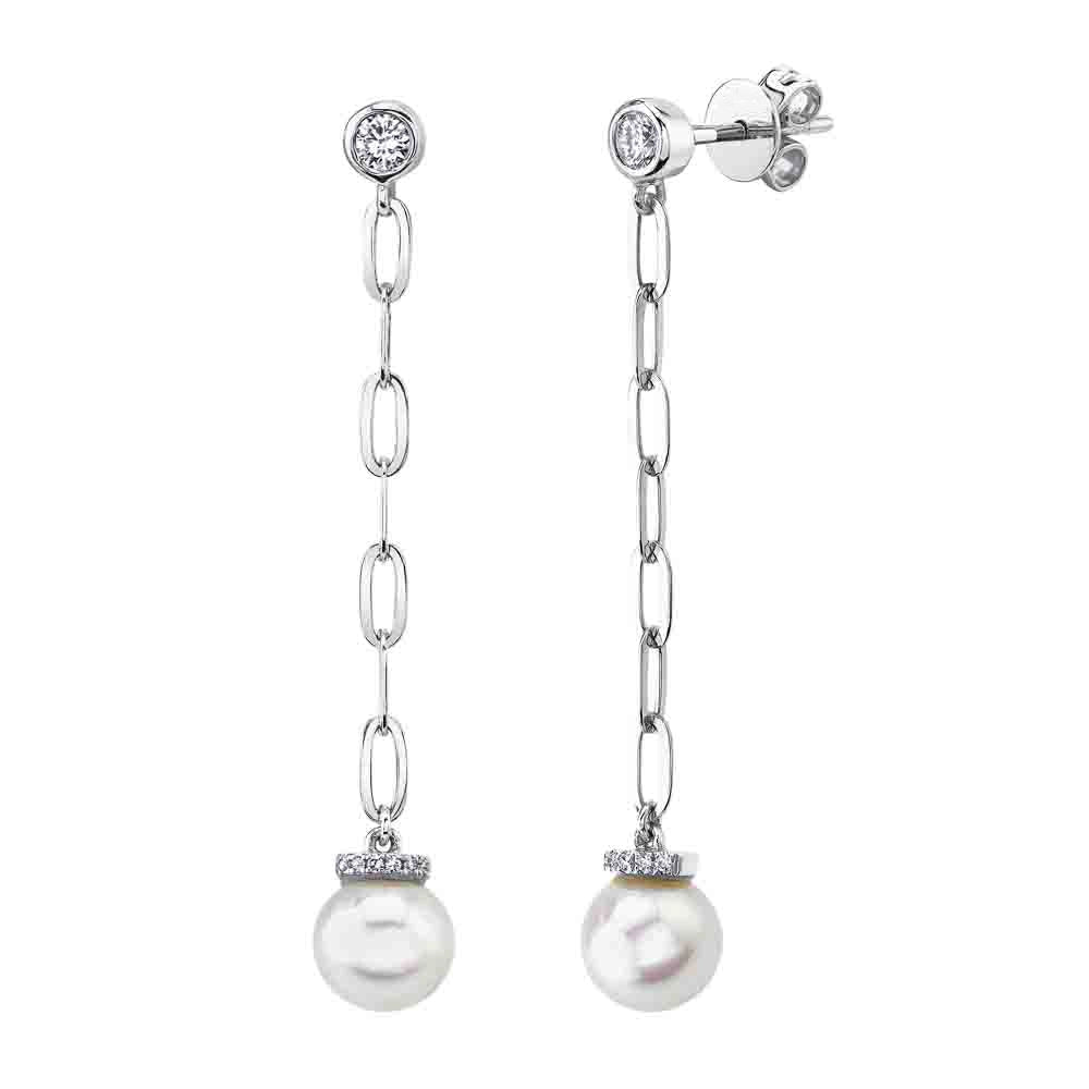 14K White Gold Cultured Pearl & Diamond Paperclip Link Earrings