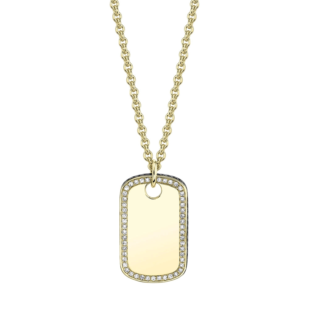 14K Yellow Gold White & Black Diamond Dog Tag Necklace