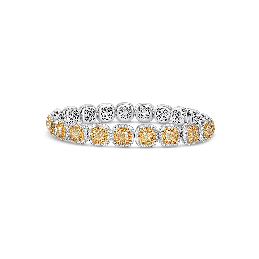 18K White Gold Fancy Yellow Diamonds with White Diamond Halo Bracelet