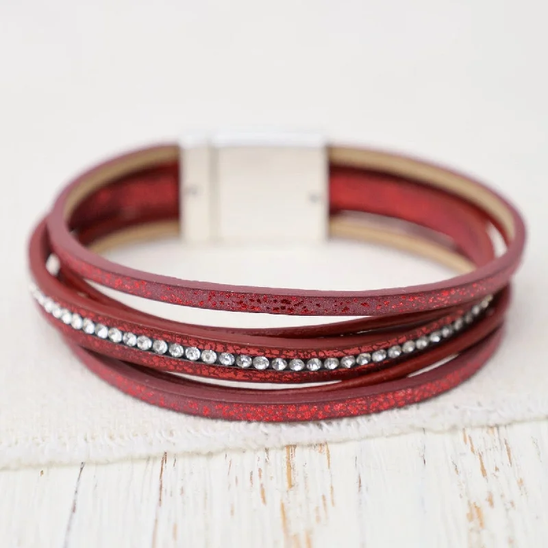 Matte Silver Metallic Red Crystal Bracelet