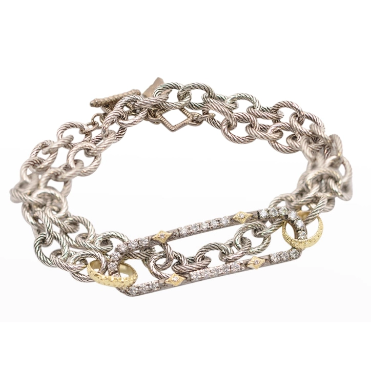 Armenta 18K Yellow Gold and Grey Sterling Silver Double Wrap Chain Bracelet with a Paperclip with Pave White and Champagne Diamonds