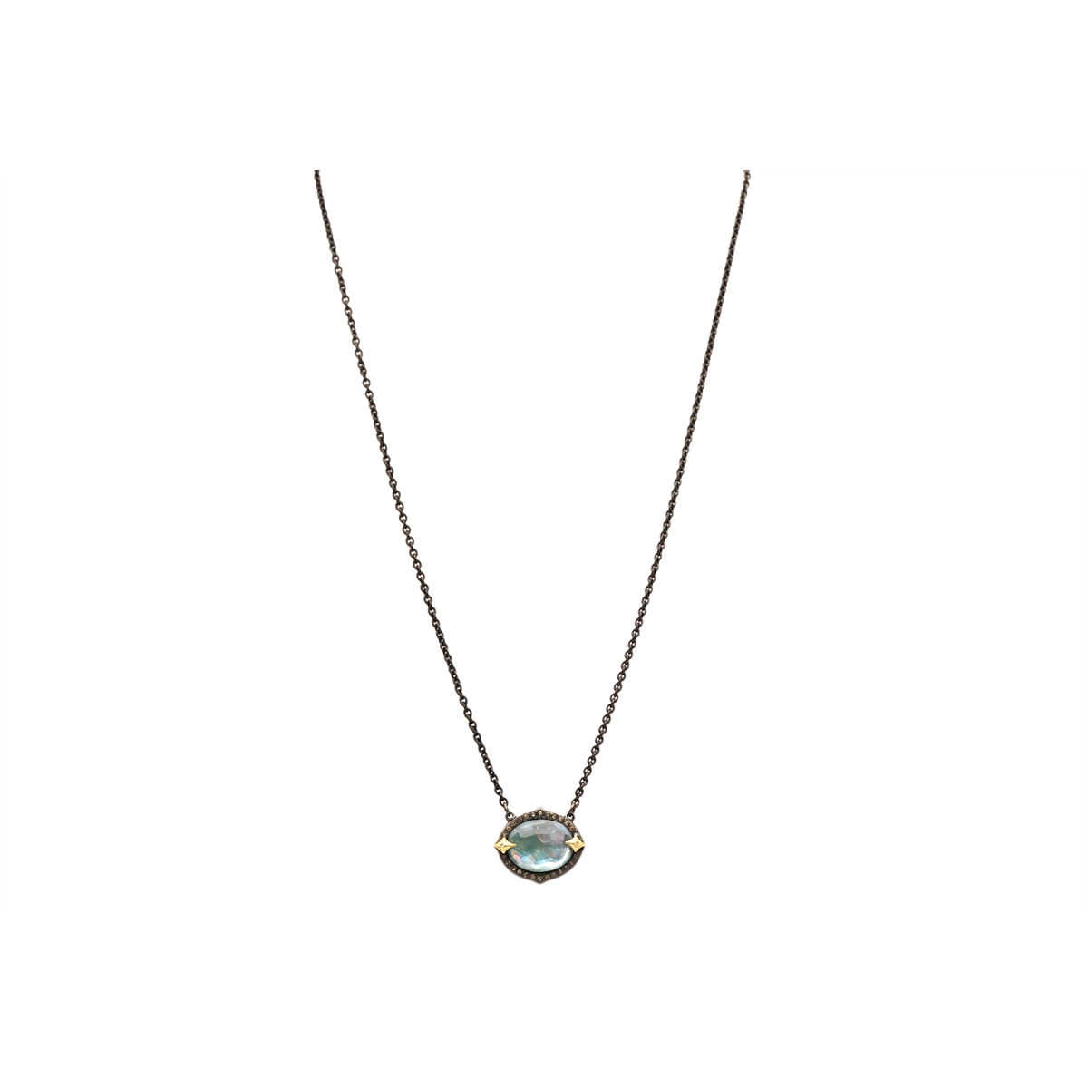 Armenta Blackened Sterling Silver and 18K Yellow Gold Triplet with Peruvian Opal, MOP and White Quartz Necklace with Champagne Diamonds