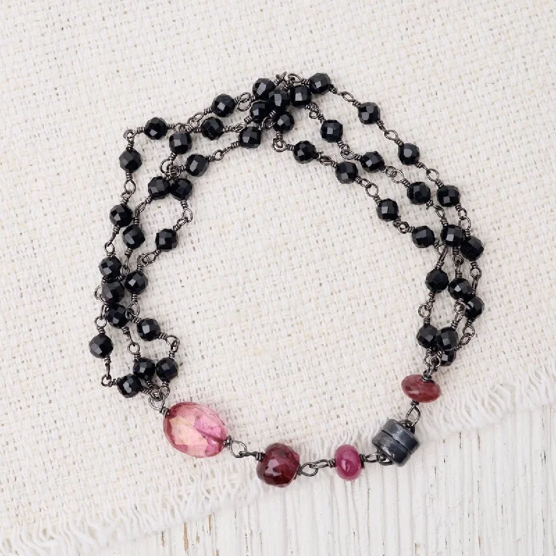 Oxidized Sterling Silver Three Strand Black Spinel Bracelet