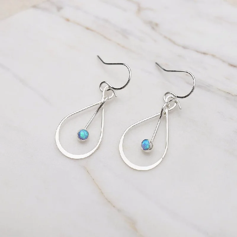 Blue Opal Tear Drop Cab Dangle Earrings Sterling Silver