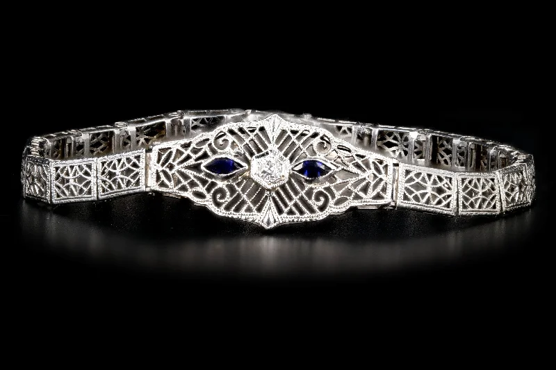 Art Deco 10K White Gold Sapphire and Diamond Filigree Bracelet