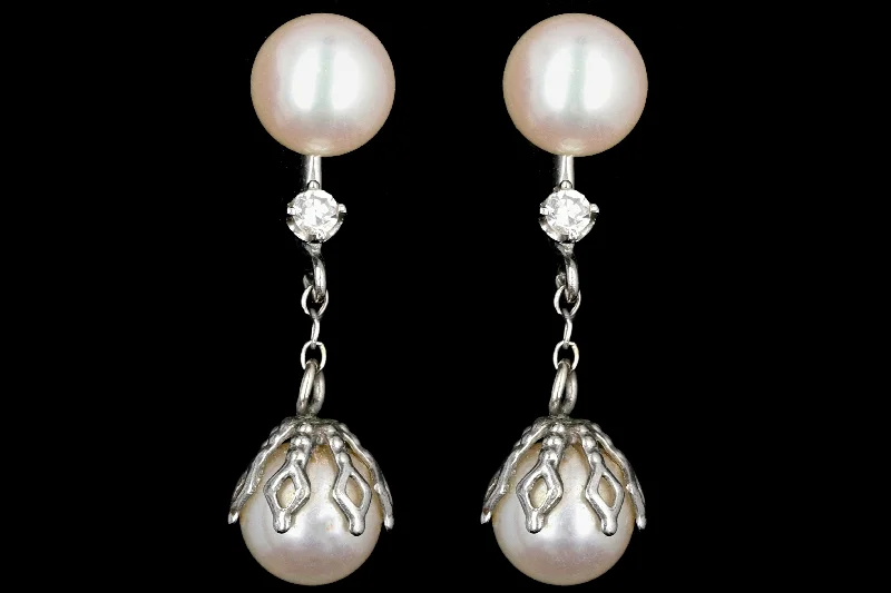 Retro 14K White Gold Double Pearl Drop Diamond Screwback Earrings c.1950's