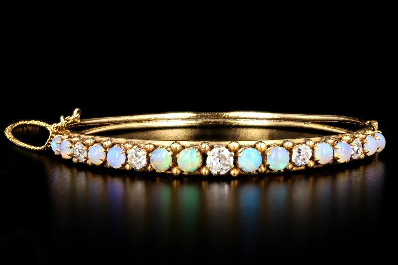 Victorian 14K Yellow Gold Cabochon Opal & Old European Cut Diamond Bangle Bracelet