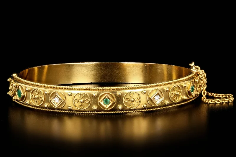 Victorian Etruscan Revival 18K Yellow Gold Emerald and Diamond Bracelet