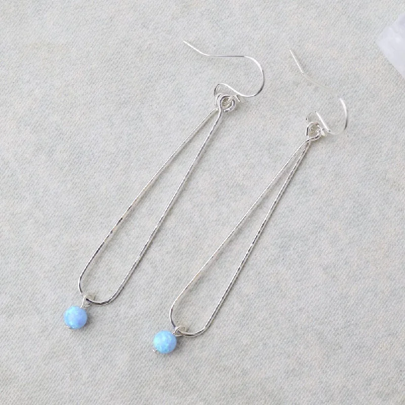 Blue Opal Ball on Elongated Hammered Dew Drops - Sterling Silver