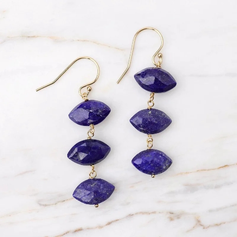 Triple Drop Elongated Faceted Lapis Stone Earrings