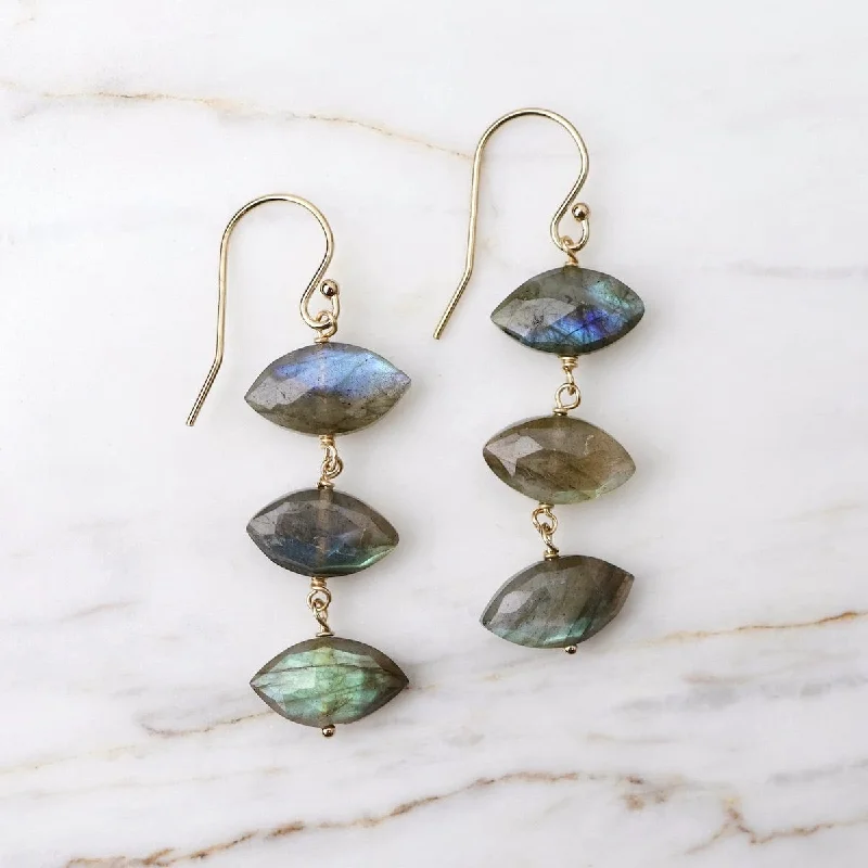 Triple Drop Elongated Faceted Labradorite Stone Earrings