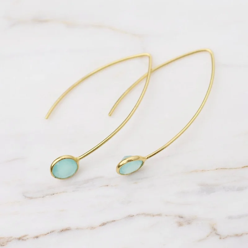 Gold Filled Hair Pin Drop Earrings with Bezel Set Aqua Blue Chalcedony