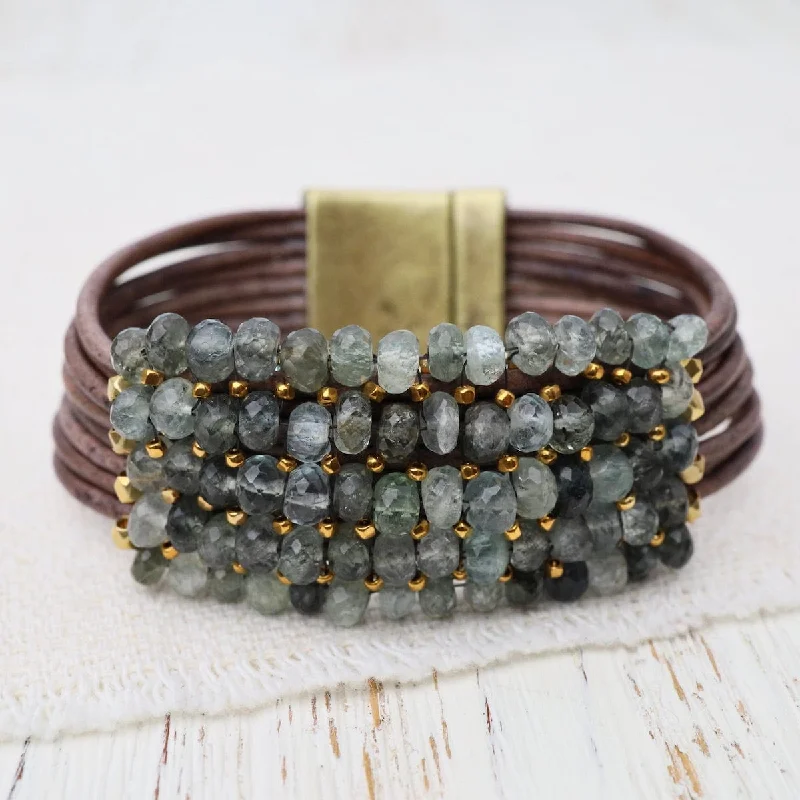 Moss Aqua with Gold Vermeil details on Multi-Gray Leather Bracelet