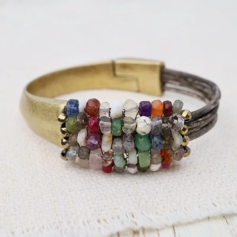 Hand Stitched Multi Color Gemstones with Gold Pyrite Trim Bracelet