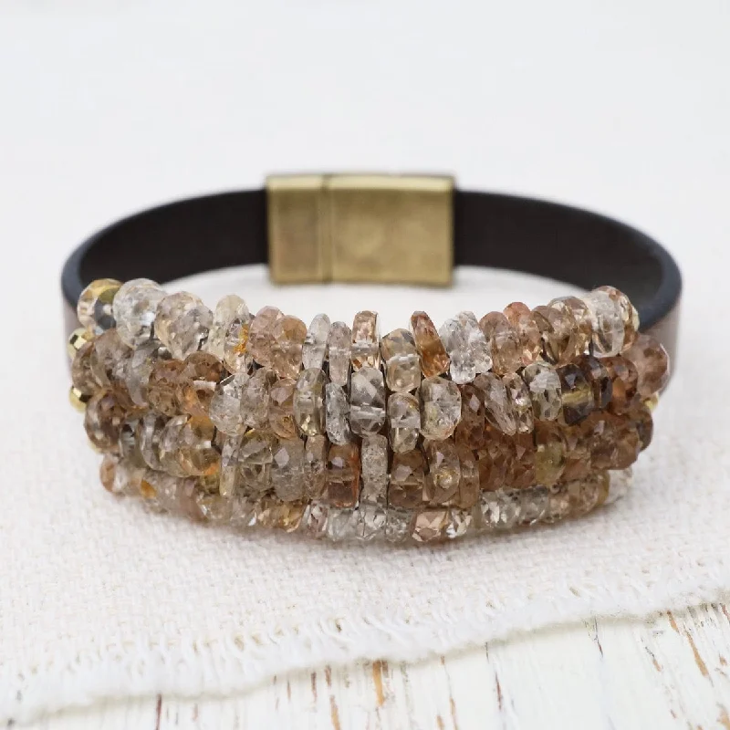 Imperial Topaz with Gold Pyrite Trim on Metallic Brown Leather Bracelet